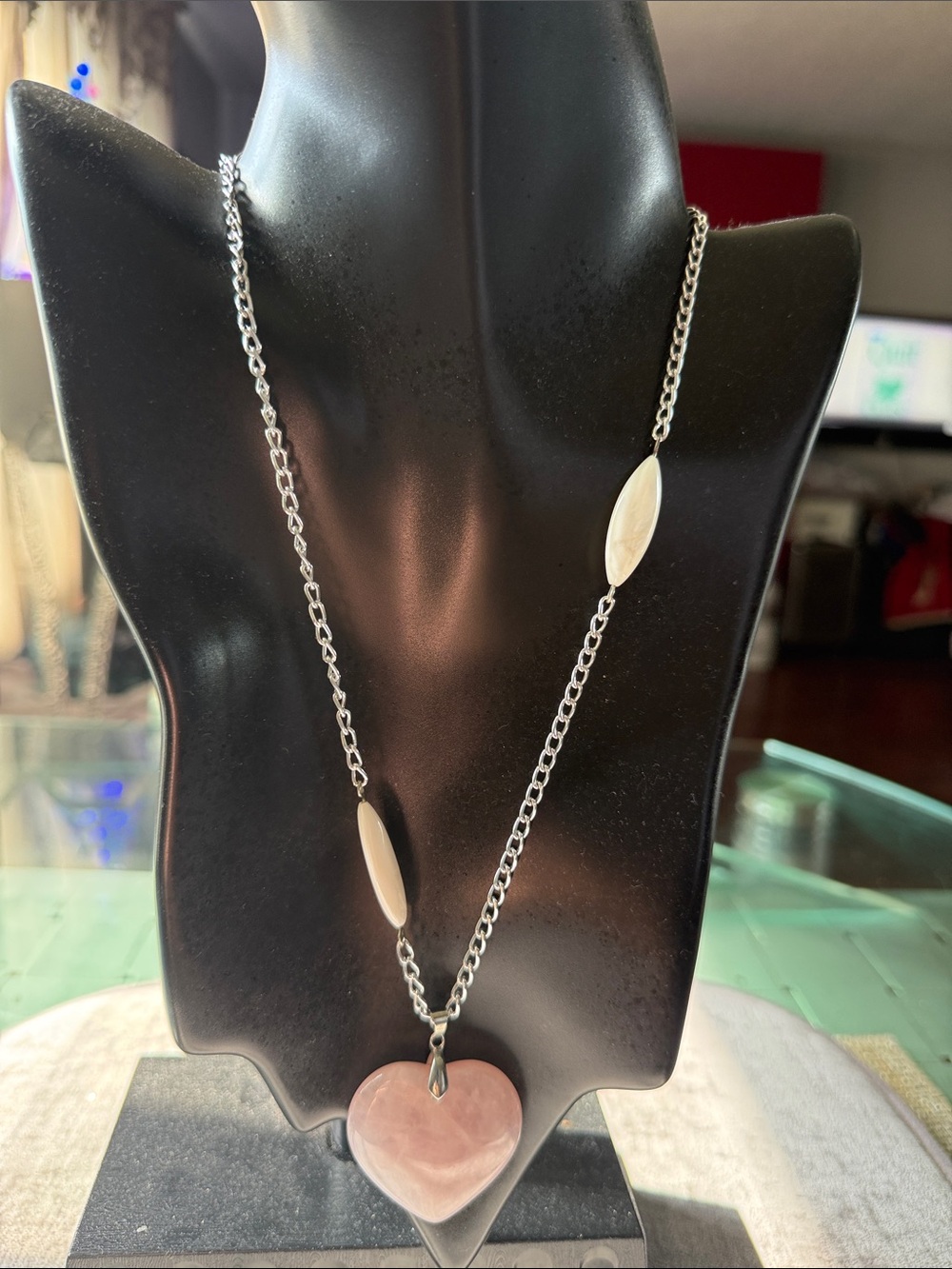 Rose Quartz Heart Pendant Necklace in Silver Tone